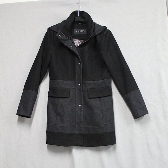 GUESS Jacket Womens Large Charcoal Gray / Black Wool Blend Hooded Coat - Picture 8 of 8